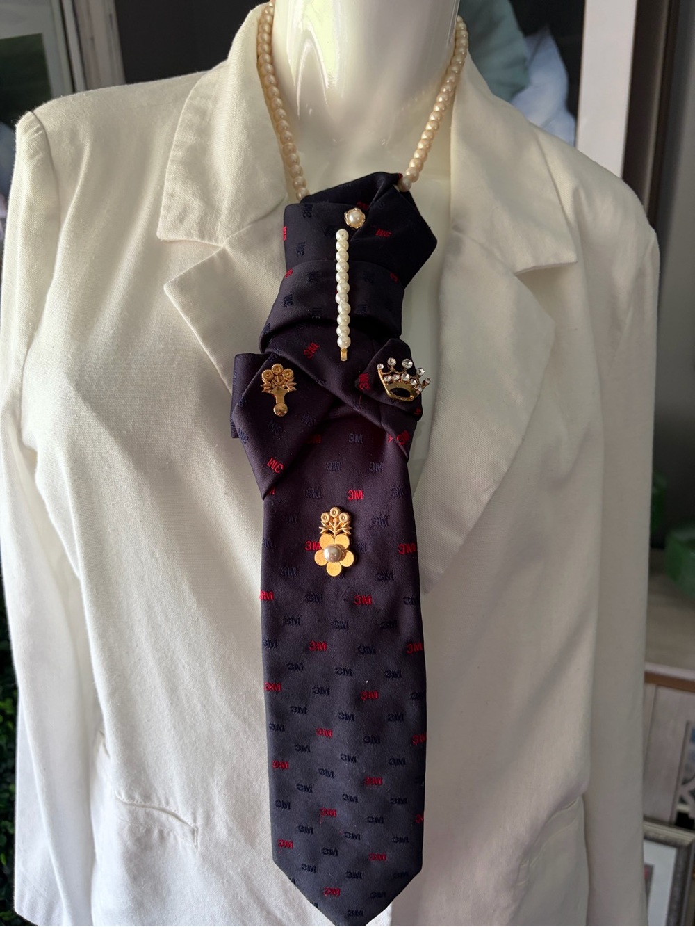 Women Necktie Necklace Navy Silk Pearl Accent, Gold Pins (Pearls not included)